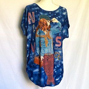 Nice! LIHUAZHUXIU Women's Blue Sparkly Rhinestones Print Tunic Top Shirt ~Sz.M/L